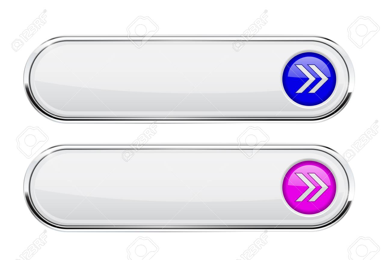 色付きの青と紫の矢印を持つ白い楕円形のボタン メタルフレームを備えたメニューインタフェース要素 のイラスト素材 ベクタ Image