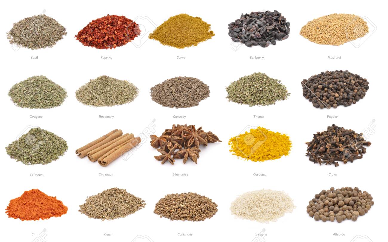 Spices. Large collection of spices with name titles. Isolated on white background - 150233099 Spices. Large collection of spices with name titles. Isolated on white background - 150233099
