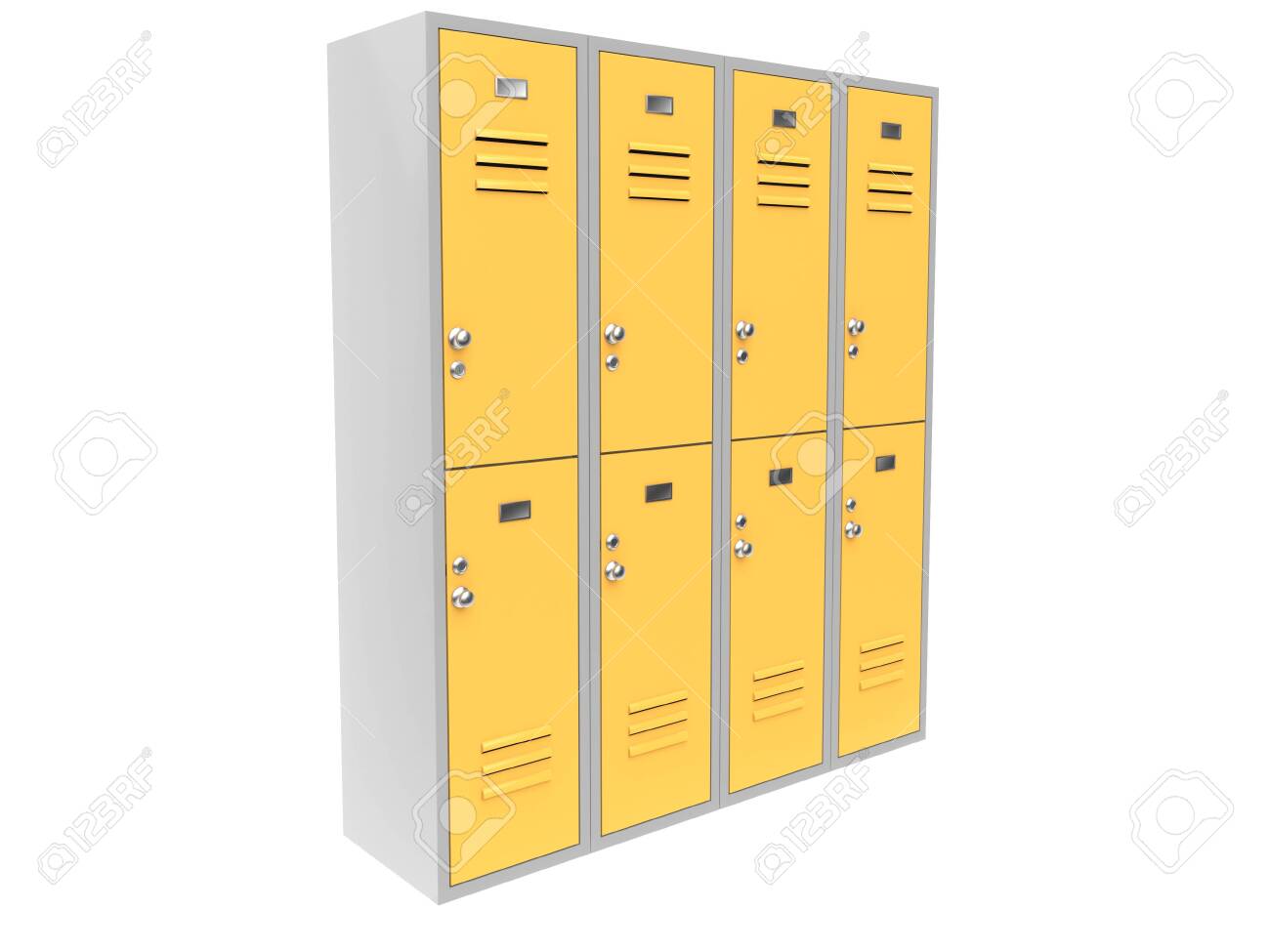 Row of yellow two level gym lockers. 3d rendering illustration isolated on white background - 150186355 Row of yellow two level gym lockers. 3d rendering illustration isolated on white background - 150186355