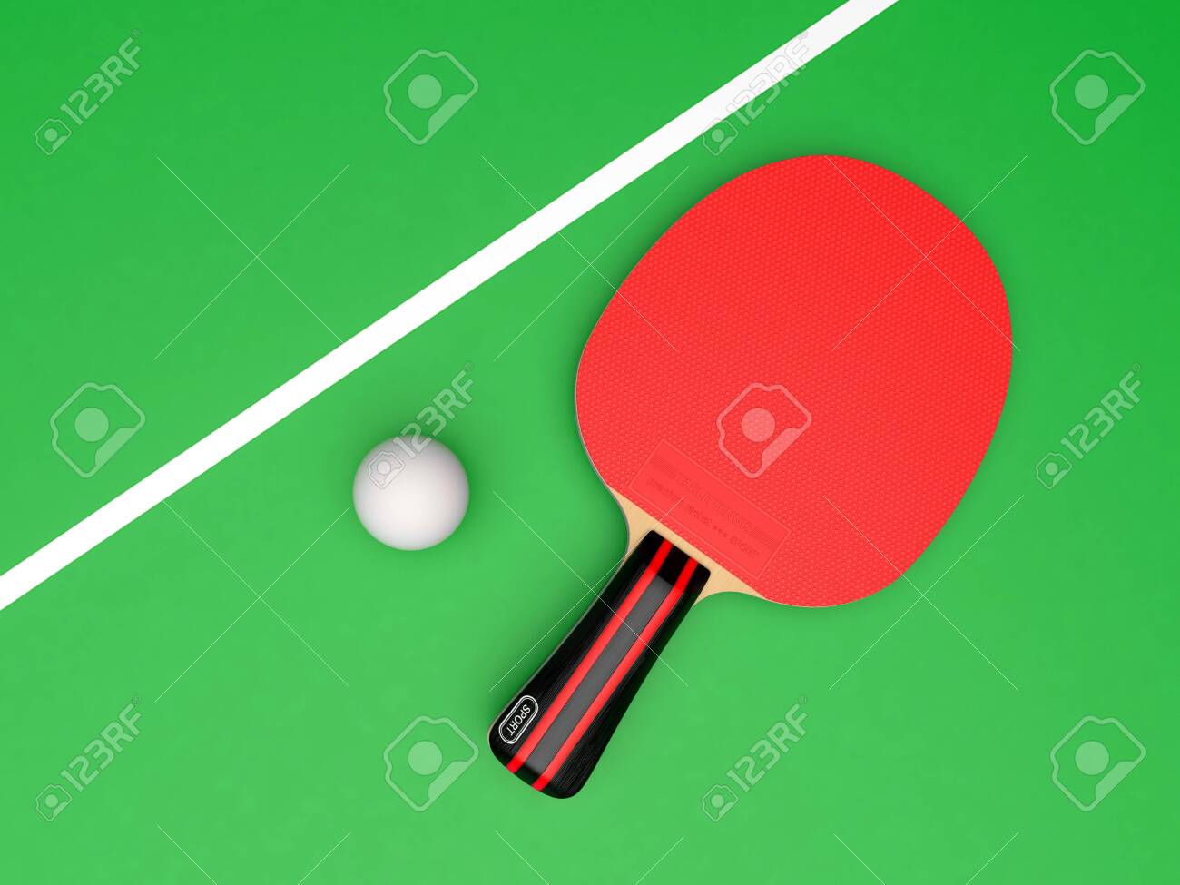 Red table tennis racket with ball. On green background. 3d rendering illustration - 150284160 Red table tennis racket with ball. On green background. 3d rendering illustration - 150284160