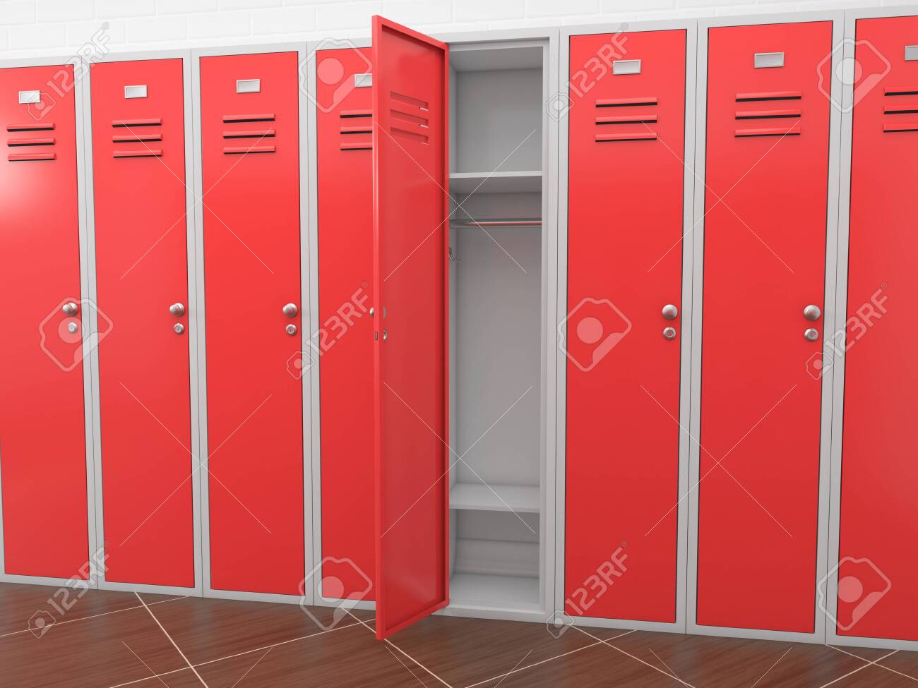 Red gym lockers in a room. 3d rendering illustration - 150191028 Red gym lockers in a room. 3d rendering illustration - 150191028