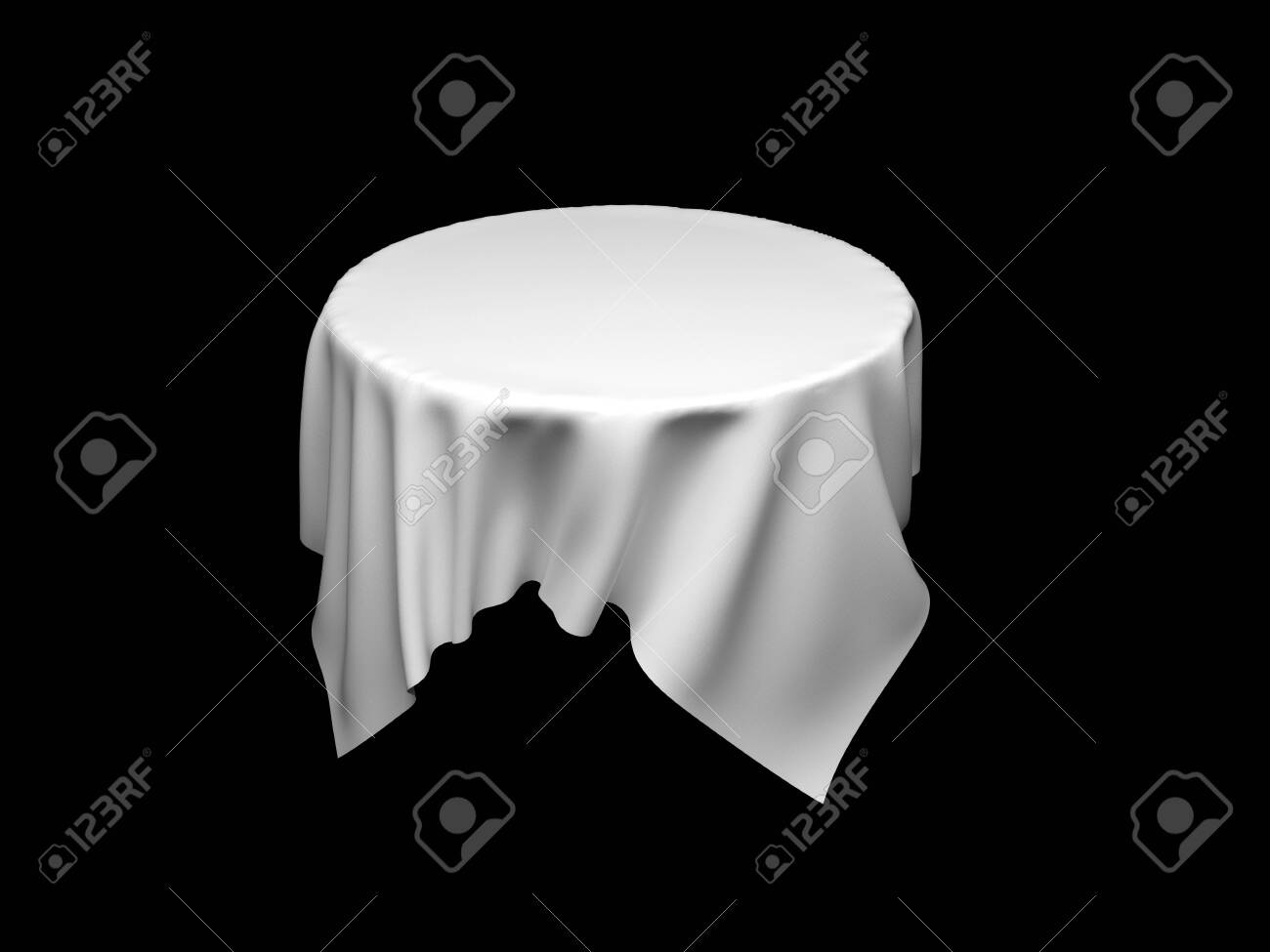 White tablecloth on invisible round table. On black background. 3d rendering illustration - 150233118 White tablecloth on invisible round table. On black background. 3d rendering illustration - 150233118