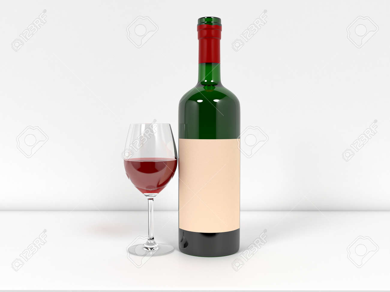 Bottle of wine with glass on white background. 3d rendering illustration. - 150186610 Bottle of wine with glass on white background. 3d rendering illustration. - 150186610