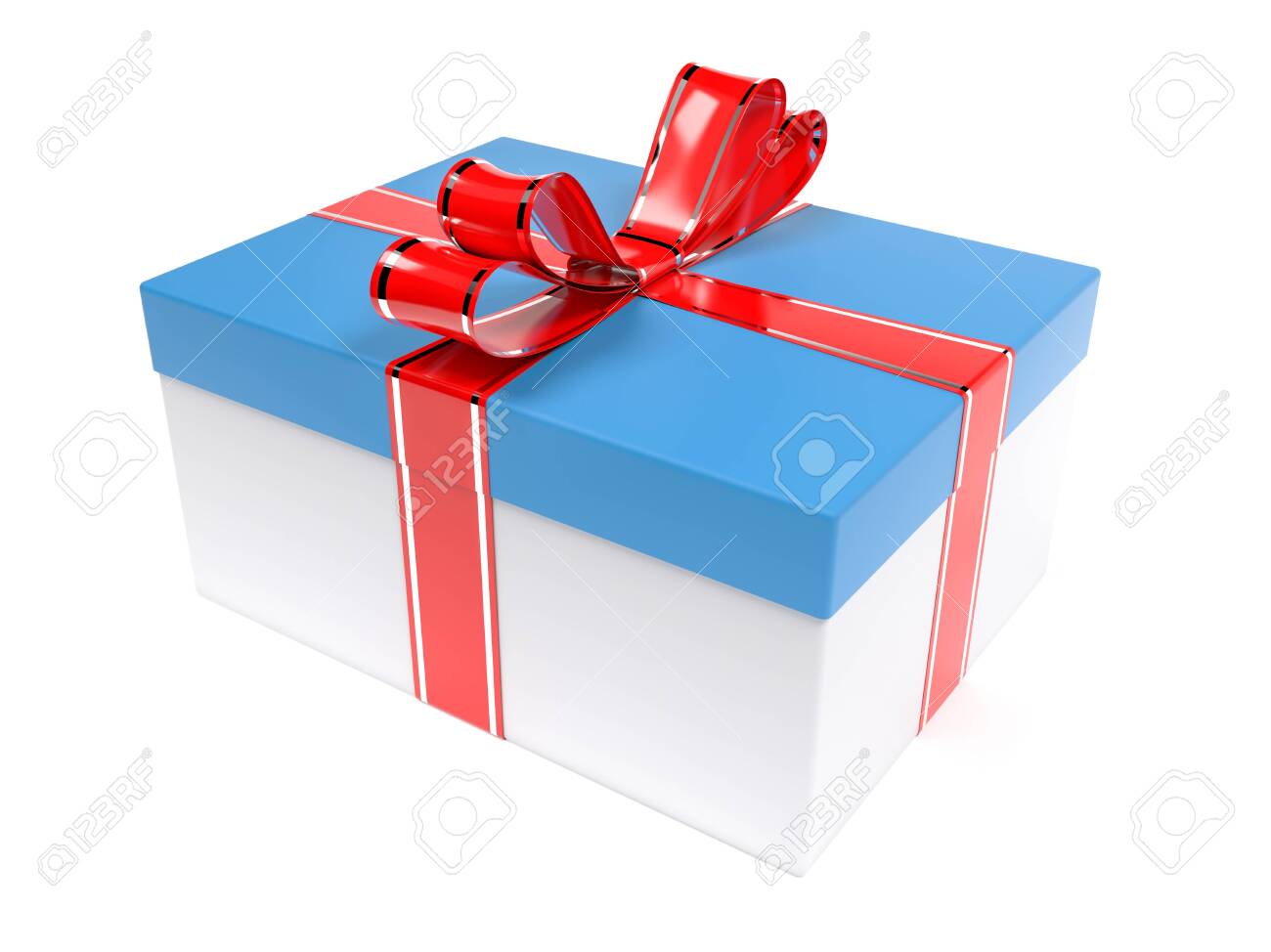 Christmas gift. Blue box with red ribbon bow. 3d rendering illustration isolated on white background - 150520886 Christmas gift. Blue box with red ribbon bow. 3d rendering illustration isolated on white background - 150520886