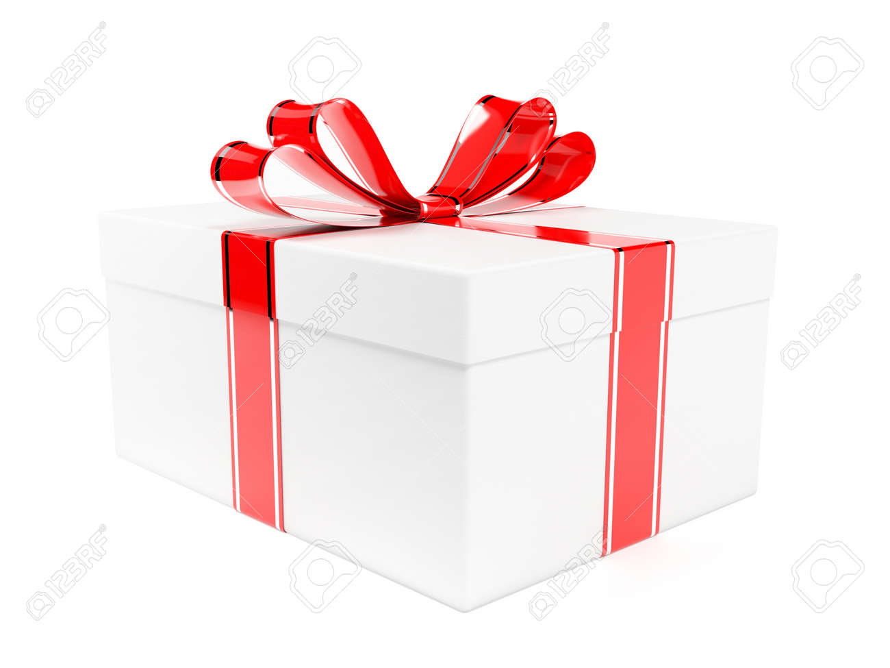 Gift box decorated with shiny red ribbon. 3d rendering illustration isolated on white background - 150521000 Gift box decorated with shiny red ribbon. 3d rendering illustration isolated on white background - 150521000