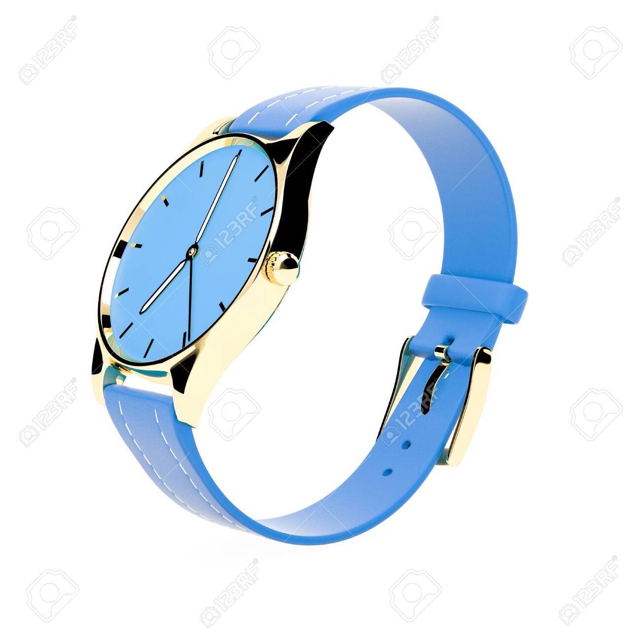 Wrist watch. Blue dial with golden case and blue leather bracelet. 3d rendering illustration isolated on white background - 150521065 Wrist watch. Blue dial with golden case and blue leather bracelet. 3d rendering illustration isolated on white background - 150521065
