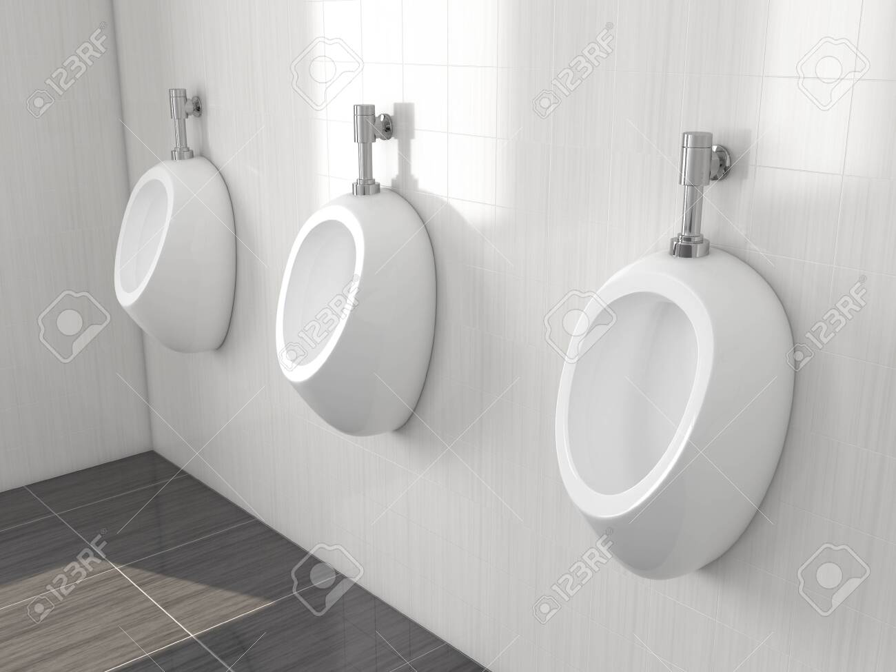White urinals in men public toilet. Modern ceramic urinals hanging on the tiled wall. 3d rendering illustration. - 150521347 White urinals in men public toilet. Modern ceramic urinals hanging on the tiled wall. 3d rendering illustration. - 150521347