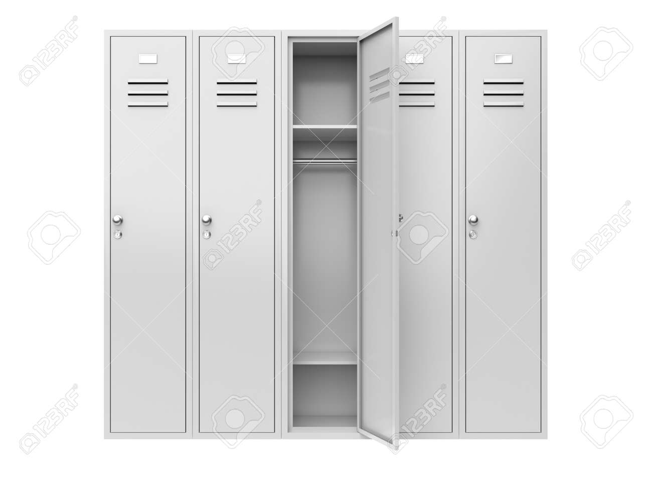 Metal gym lockers with one open door. 3d rendering illustration isolated on white background - 150525006 Metal gym lockers with one open door. 3d rendering illustration isolated on white background - 150525006