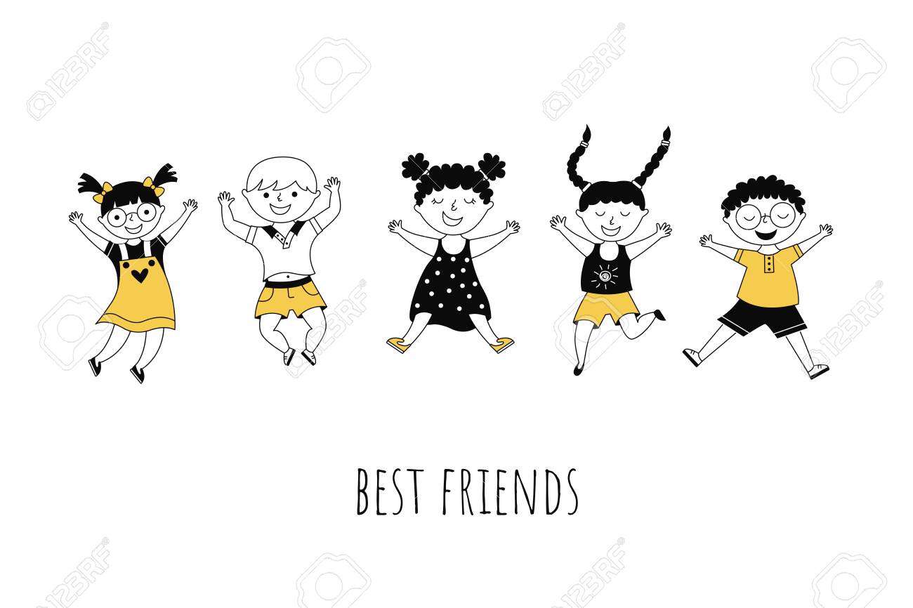 Best Friends Cartoon Vector Illustration With Typography. Cute Kids Jumping Together On White Background. Cheerful Boys And Girls Outline Characters. Friendship, Togetherness, Childhood Banner Design Royalty Free SVG, Cliparts, Vectors, And Stock Best Friends Cartoon Vector Illustration With Typography. Cute Kids Jumping Together On White Background. Cheerful Boys And Girls Outline Characters. Friendship, Togetherness, Childhood Banner Design Royalty Free SVG, Cliparts, Vectors, And Stock