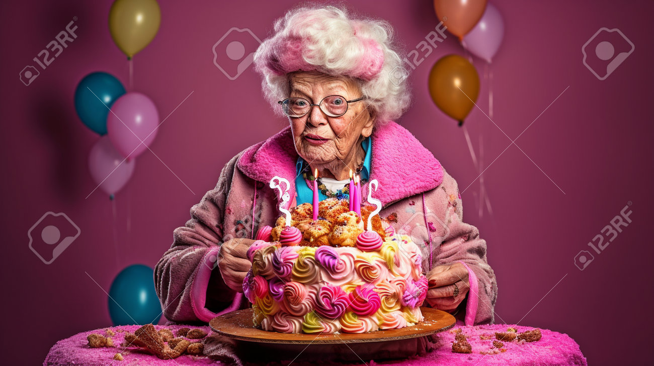 誕生日にケーキを運ぶおばあちゃん。AI を生成するの写真素材・画像
