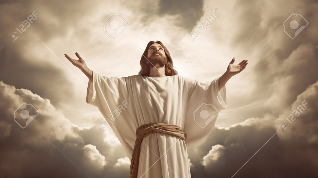 Jesus Christ Facing A Clouded Sky With His Arms Outstretched. GENERATE AI  Stock Photo, Picture and Royalty Free Image. Image 205555695., image size:1300x729