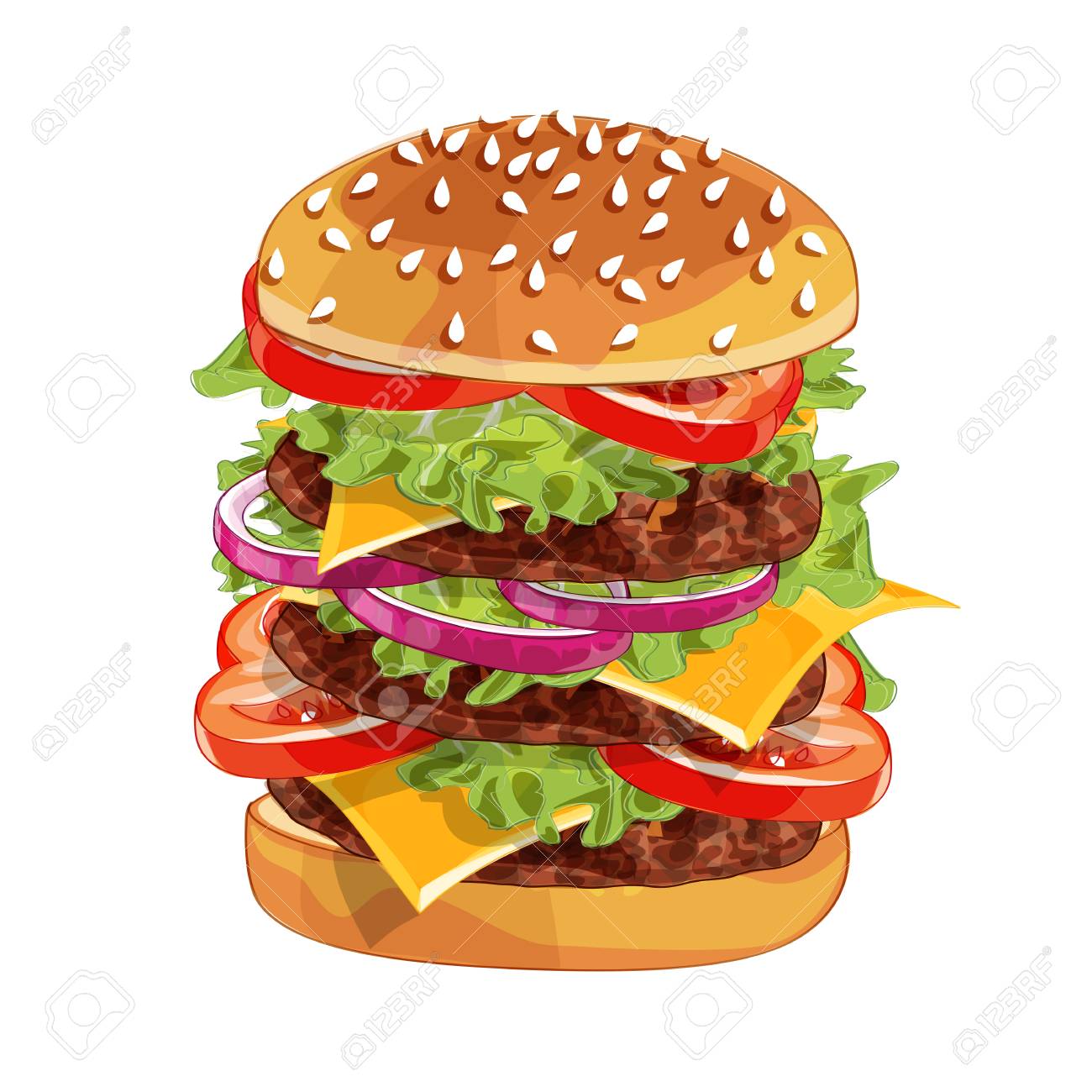 Vector realistic illustration pattern of burger, delicious hamburger with ingredients lettuce, onion, patty, tomato, cheese, bun isolated on white background - 123124843 Vector realistic illustration pattern of burger, delicious hamburger with ingredients lettuce, onion, patty, tomato, cheese, bun isolated on white background - 123124843