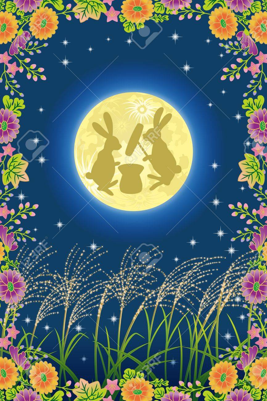 Japones Luna Llena Y Flores De Otono Ilustraciones Vectoriales Clip Art Vectorizado Libre De Derechos Image