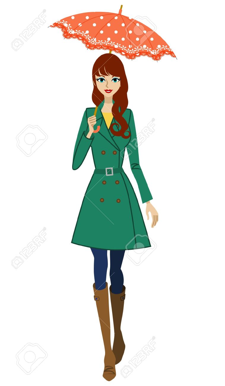 正面図 傘を持った女性のイラスト素材 ベクタ Image