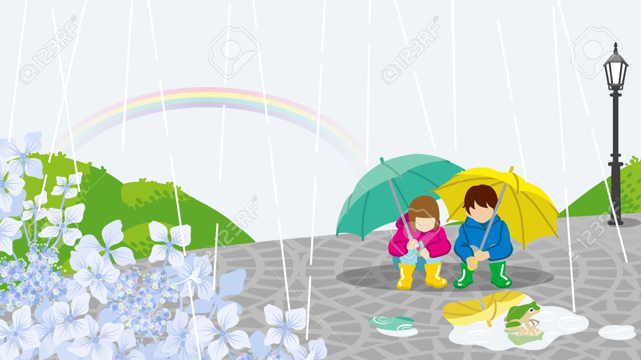 雨の日の風景の中の子供のイラスト素材 ベクタ Image 雨の日の風景の中の子供のイラスト素材 ベクタ Image