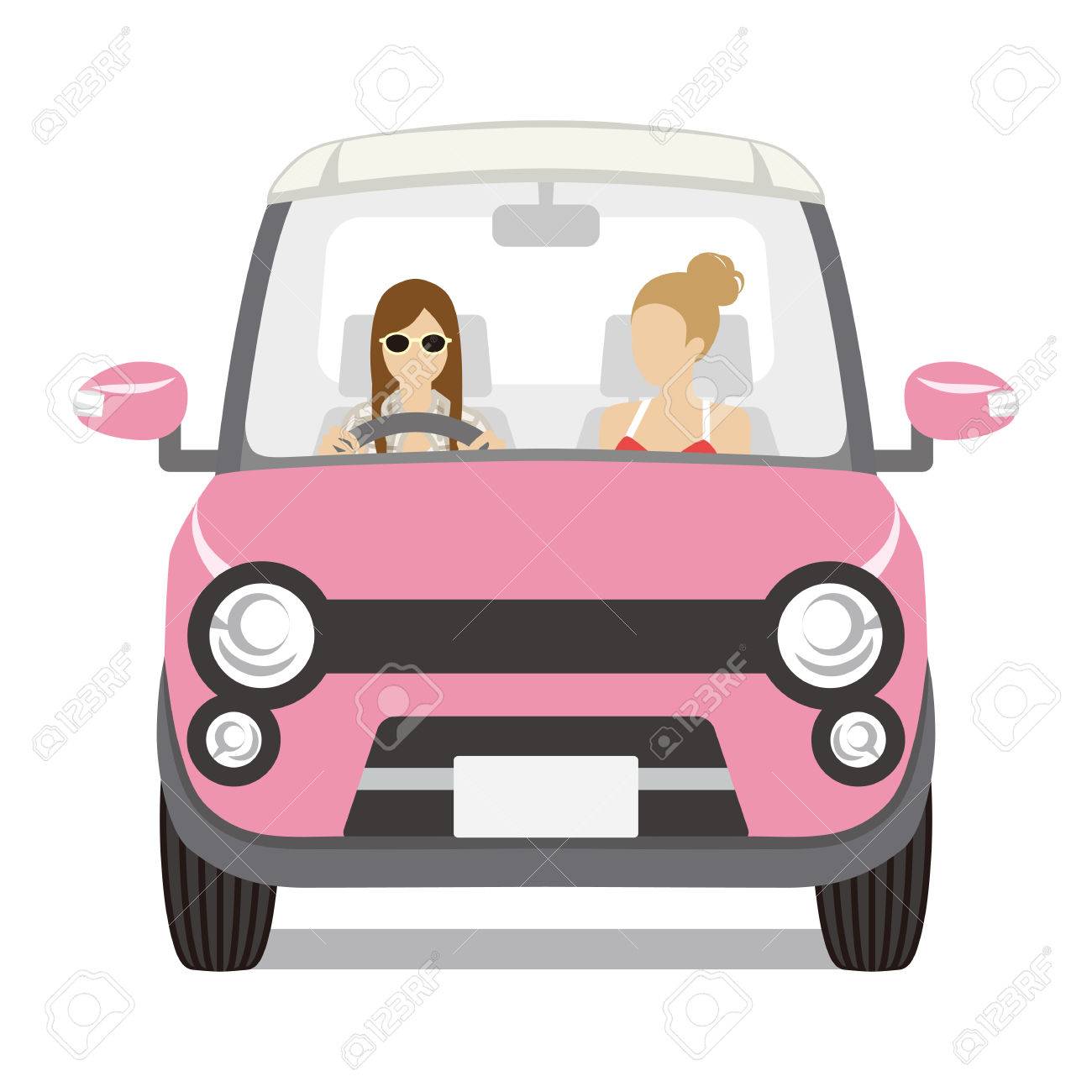 ピンクの車 フロント ビュー分離に乗って二人の女性のイラスト素材 ベクタ Image ピンクの車 フロント ビュー分離に乗って二人の女性のイラスト素材 ベクタ Image