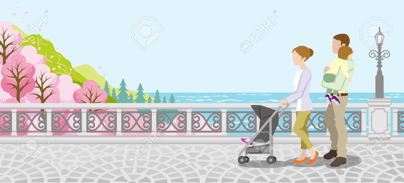 春の自然の家族の散歩のイラスト素材 ベクタ Image