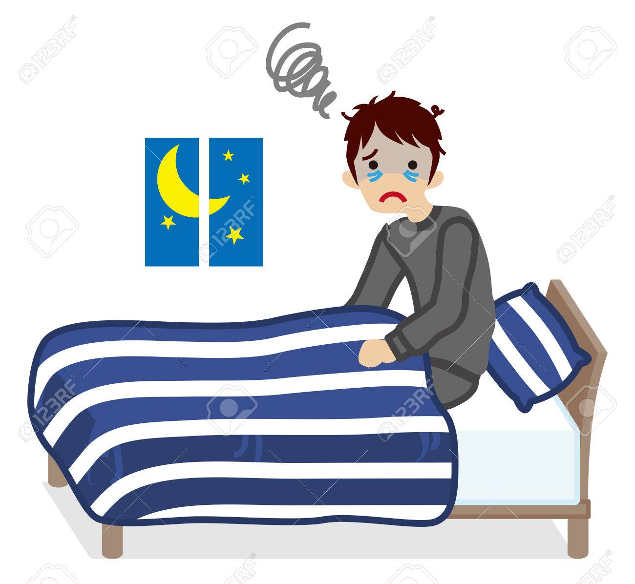 男性苦しむ不眠症 紺色カラー寝具のイラスト素材 ベクタ Image