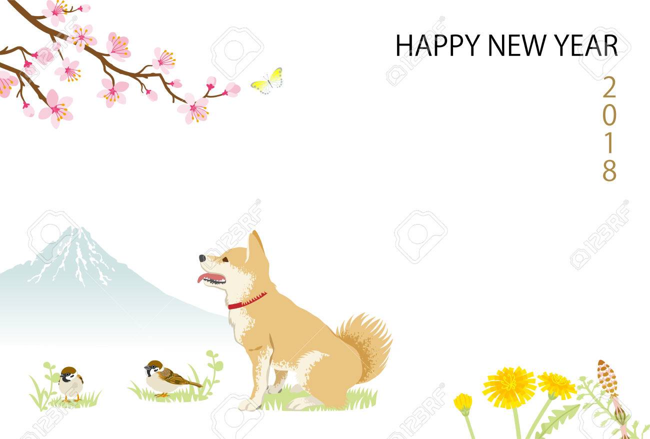 New Year Card 2018 Japanese Shiba Inu With Sparrows In Spring