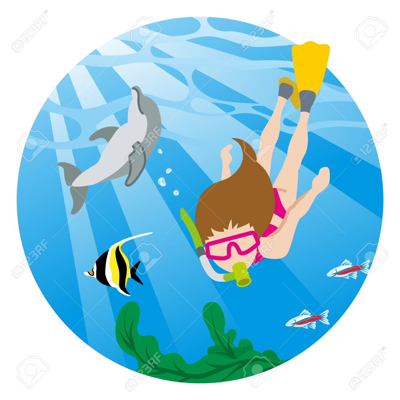シュノーケリングの女性と海の生命 円形のクリップアートのイラスト素材 ベクタ Image