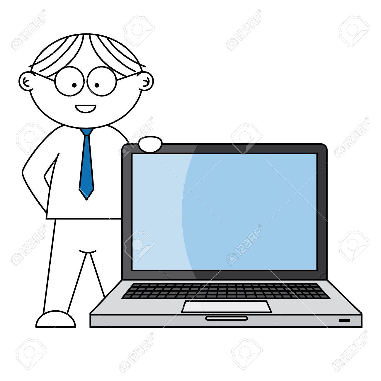 ノート パソコンでサポートされているビジネスマンのイラスト素材 ベクタ Image