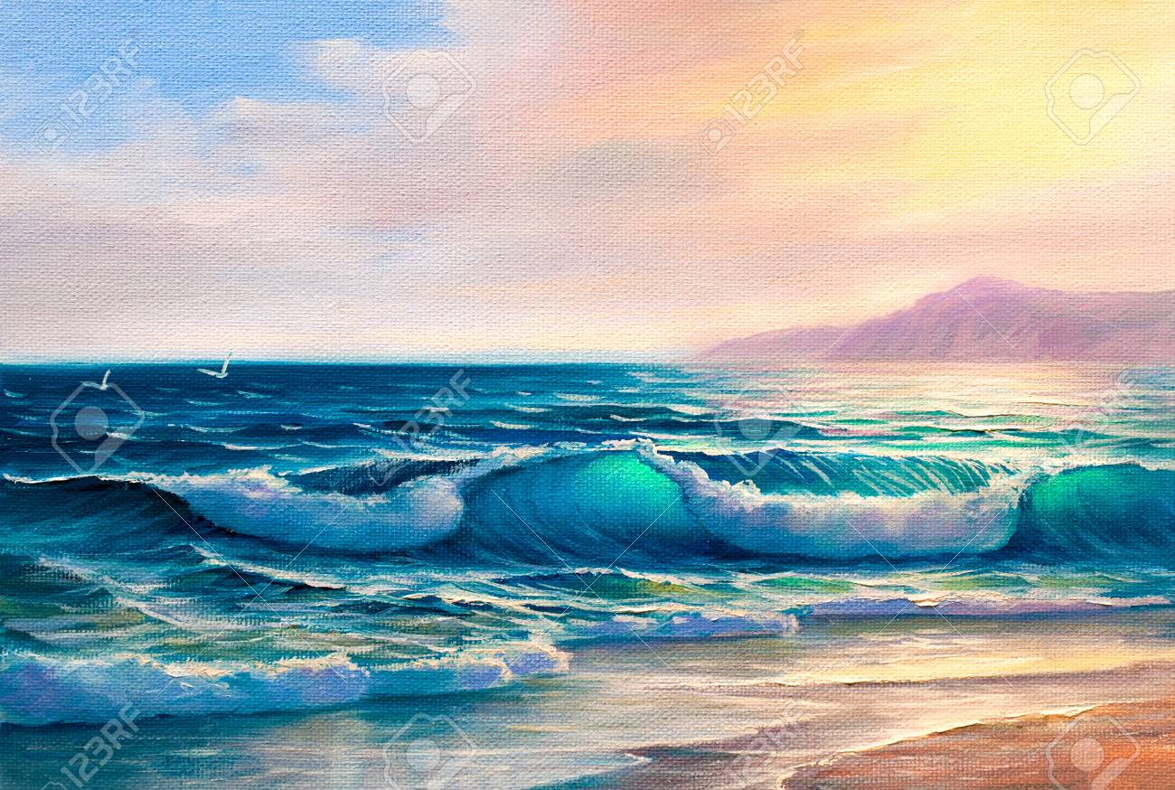 海の朝、波、イラスト、キャンバスに絵を描く。の写真素材・画像素材