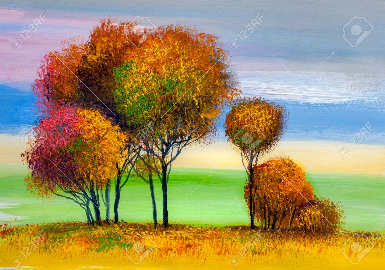 Oil painting landscape, colorful trees. Hand Painted Impressionist, outdoor landscape. - 102969860 Oil painting landscape, colorful trees. Hand Painted Impressionist, outdoor landscape. - 102969860