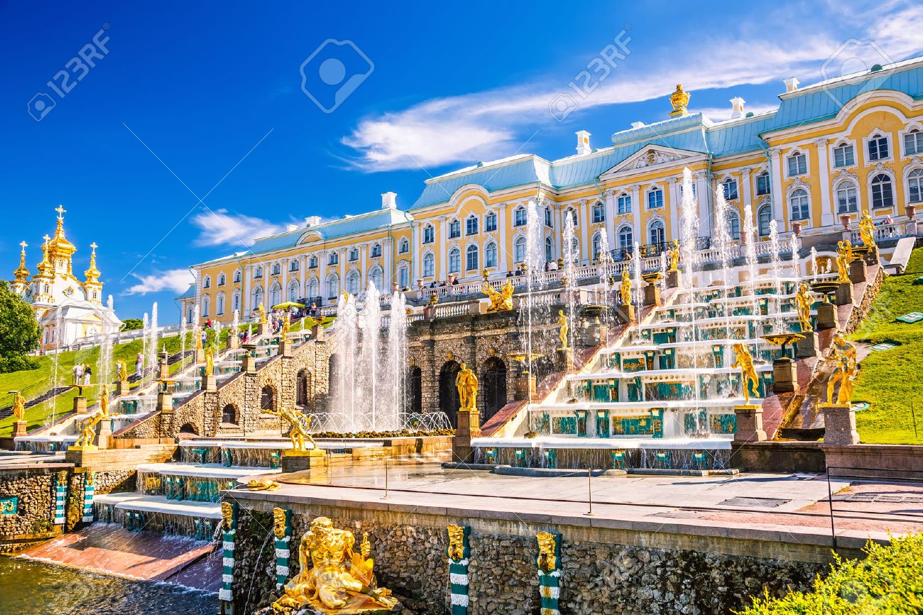 grand cascade in peterhof st petersburg russia stock photo