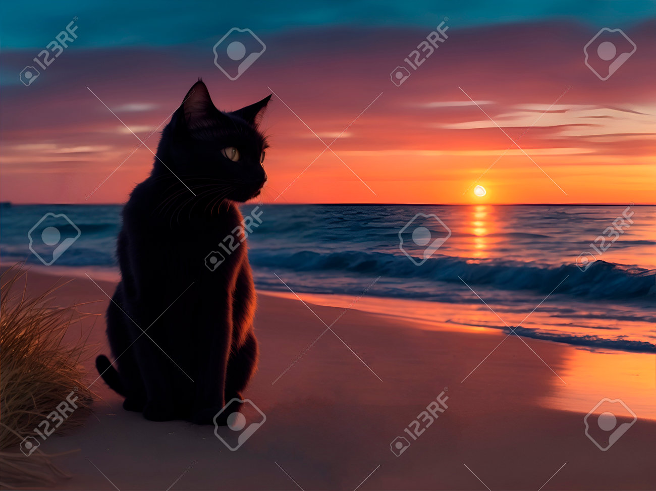 8K Ultra HD Cat at Sunset: Majestic Animal Moments by the Sea, image size:1300x973