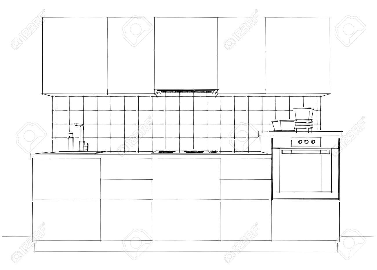 Contemporary kitchen interior sketch black and white isolated front perspective view stock photo