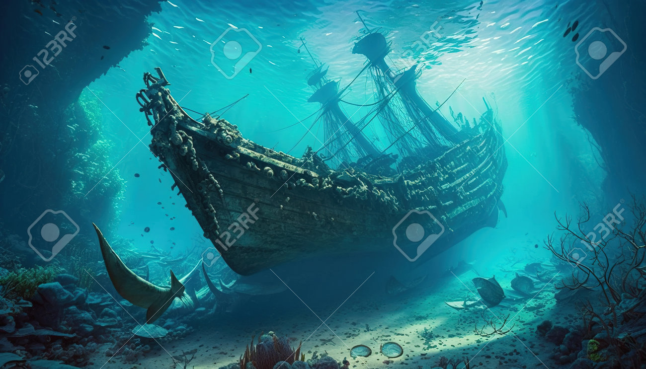 でおすすめアイテム。 水中の難破船、水中の古い帆船の遺棄された残骸、生成的ai 絵画