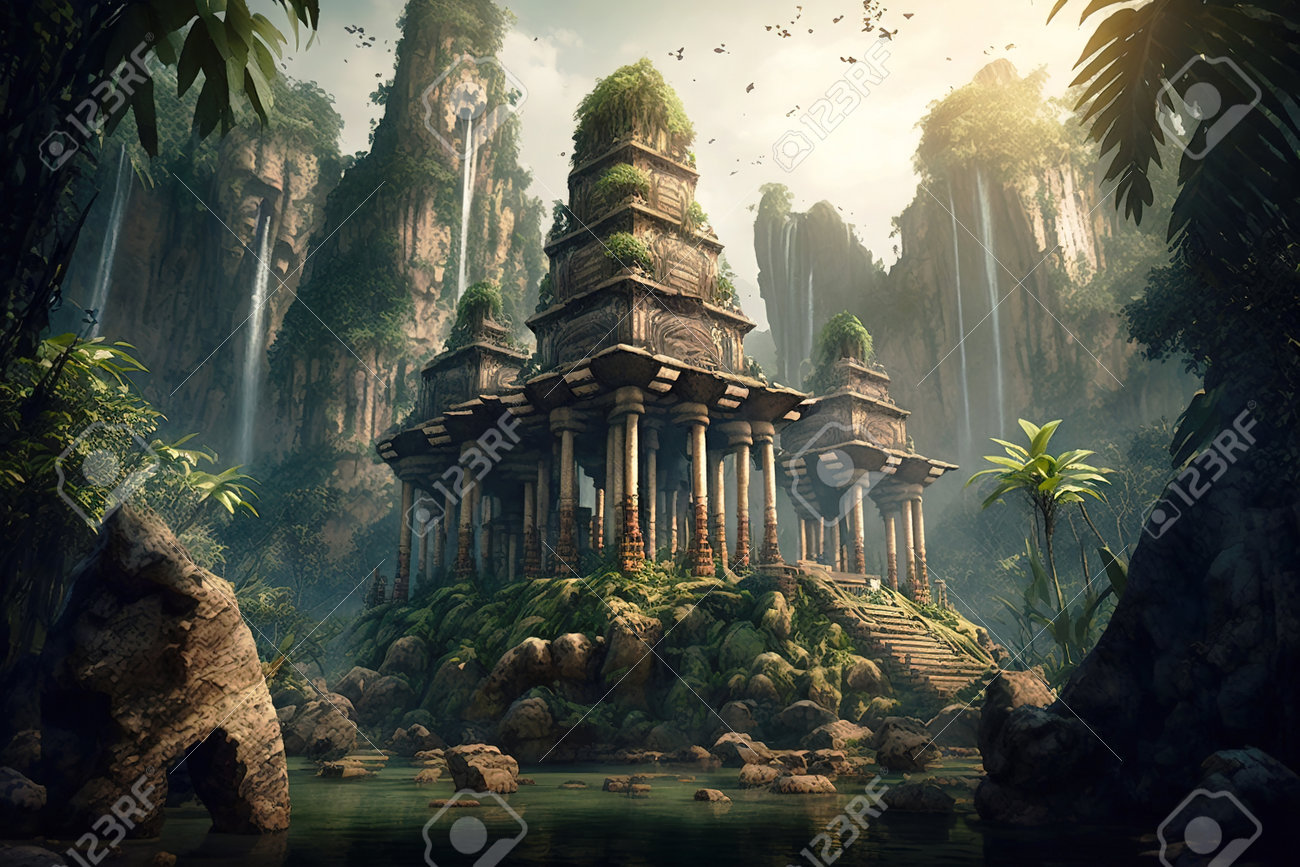 Temple Ruins In Jungle, Old Stone Building And Fairy Waterfalls In  Mountain, Generative AI. Landscape Of Fantasy Forest And Mystery  Construction. Concept Of Travel, Nature, Rainforest, Summer, History  Фотография, картинки, изображения и