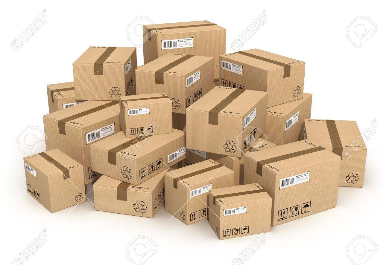 heap of cardboard boxes isolated on white background stock photo