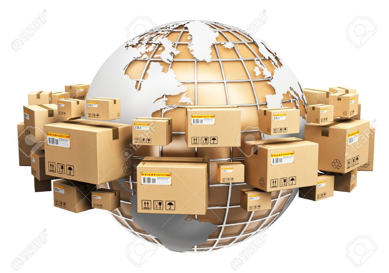 Creative abstract global logistics, shipping and worldwide delivery business concept: Earth planet globe surrounded by heap of stacked corrugated cardboard boxes with parcel goods isolated on white background - 53455696 Creative abstract global logistics, shipping and worldwide delivery business concept: Earth planet globe surrounded by heap of stacked corrugated cardboard boxes with parcel goods isolated on white background - 53455696