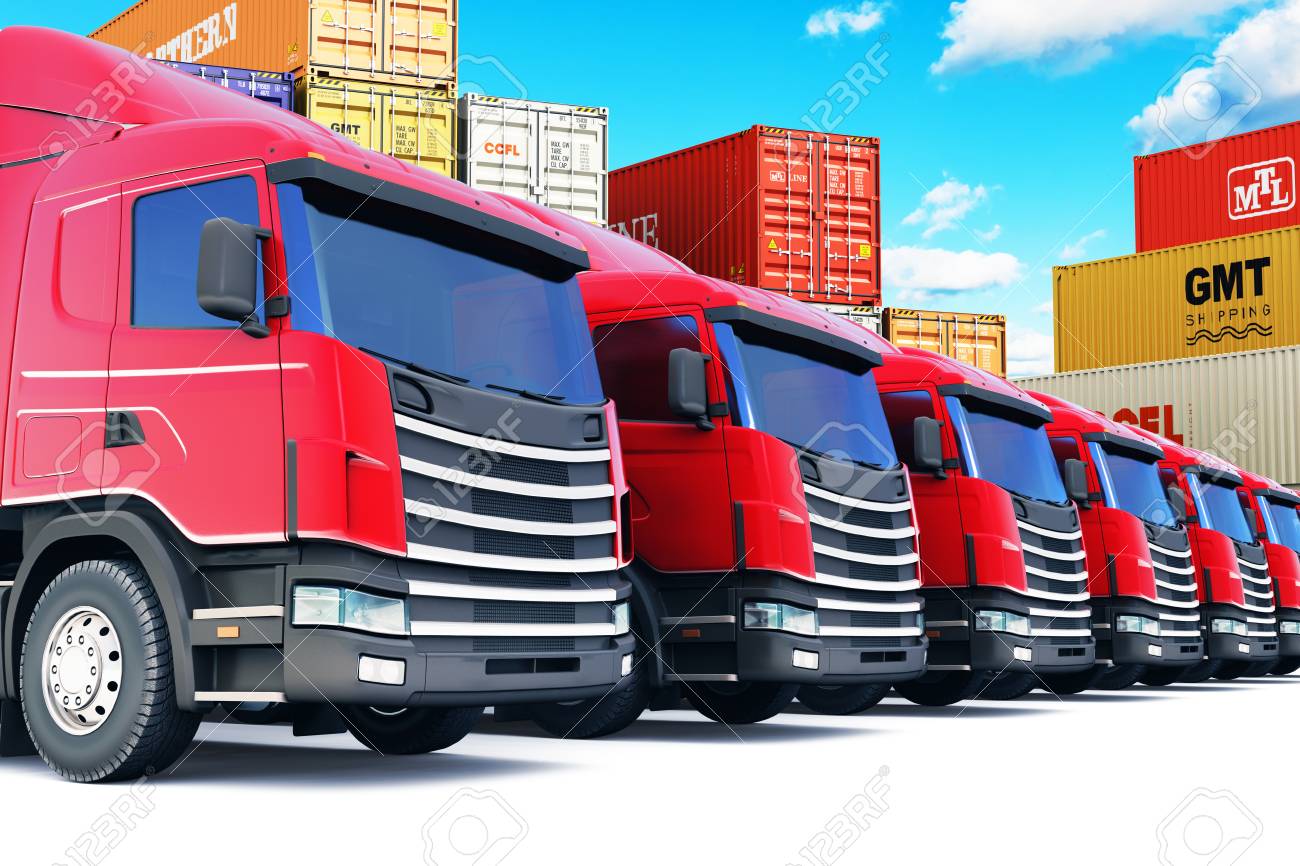 海運 物流 配送事業の商業コンセプト 積み重ねられたカラー貨物コンテナを備えた海上港貨物ターミナルの貨物トレーラーラックの列の3dレンダリングイラスト の写真素材 画像素材 Image