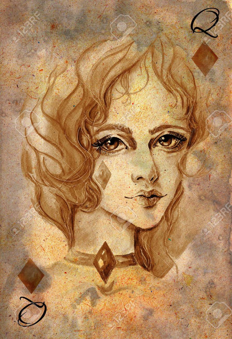 ダイヤのクイーン トランプのカードのテンプレートです ビンテージ トランプ 水彩イラスト の写真素材 画像素材 Image