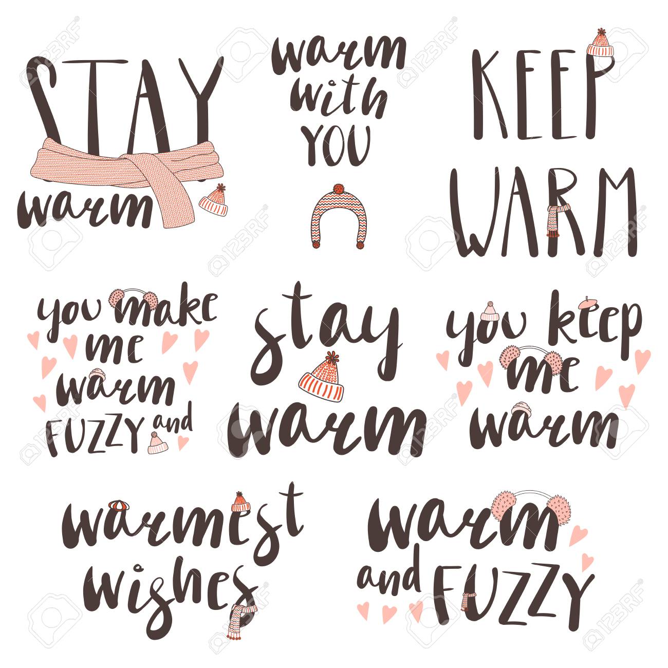 Set Of Different Quotes Typographic Elements About Warmth With Hand Drawn Doodles Of Knitted Caps And Scarfs Isolated Objects On White Background Design Concept Winter Autumn Love Royalty Free Cliparts Vectors And Set Of Different Quotes Typographic Elements About Warmth With Hand Drawn Doodles Of Knitted Caps And Scarfs Isolated Objects On White Background Design Concept Winter Autumn Love Royalty Free Cliparts Vectors And