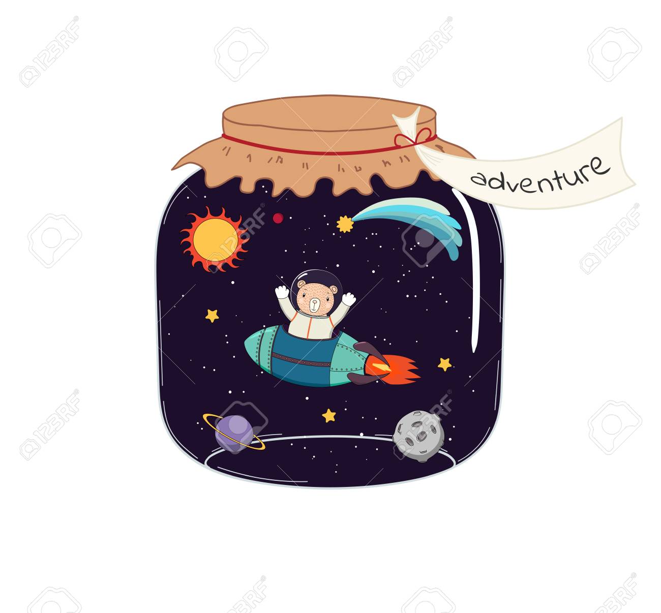 手描きラベル冒険とガラスの瓶に 宇宙空間でロケットを飛んでいるかわいい面白いクマのベクトル イラスト 白い背景の上の孤立したオブジェクト 子供 カード ポスターのデザイン コンセプト のイラスト素材 ベクタ Image 4168