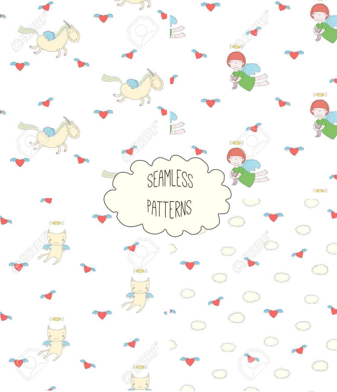 天使の女の子 翼のある猫 ユニコーン ハート 雲 白い背景の上に 4 つの手描きかわいいシームレス パターンのセットです 子供の繊維印刷 壁紙 包装紙のデザイン コンセプトのイラスト素材 ベクタ Image 4347