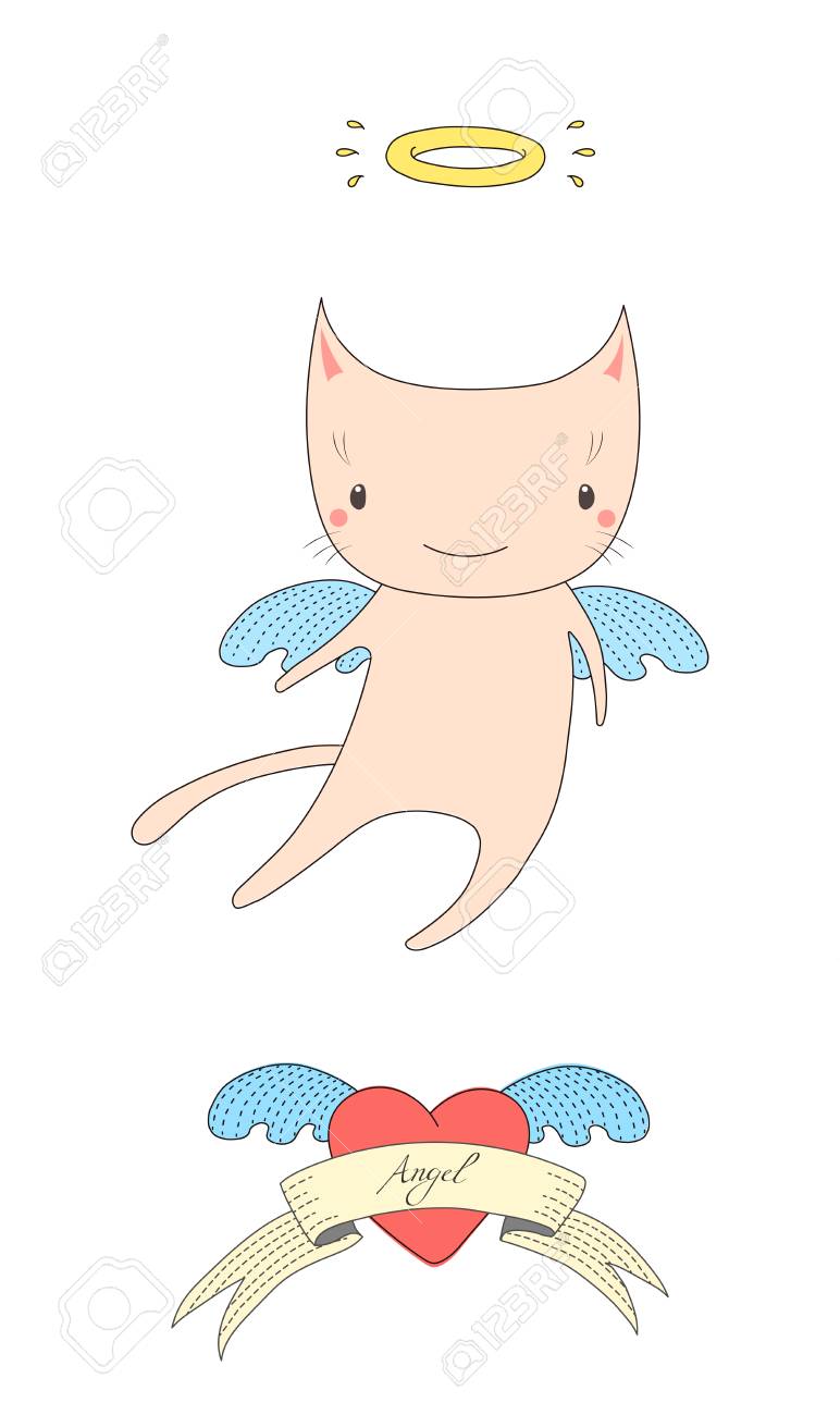 手には ハローと翼のあるハートとリボンのテキスト天使 空を飛んでいるかわいい小さな天使猫のベクトル イラストが描かれました 白い背景の上の孤立したオブジェクト 子供のためのデザイン コンセプト のイラスト素材 ベクタ Image 4357