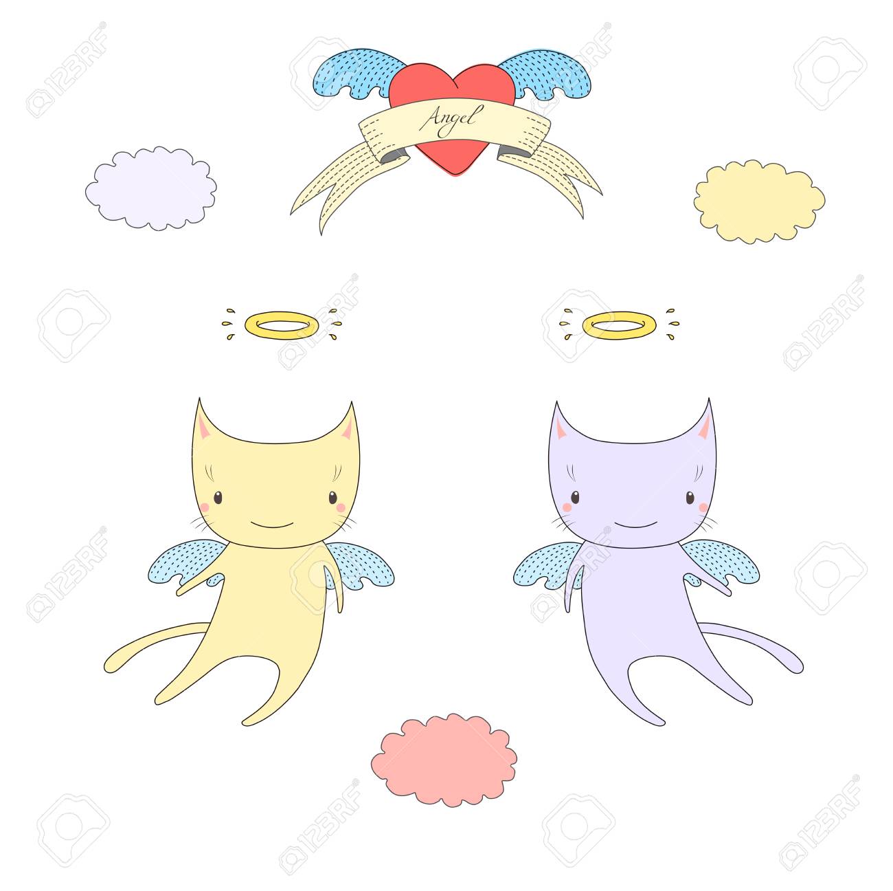 手には ハローと翼のあるハートとリボンのテキスト天使 空を飛んでいる 2 つのかわいい天使猫のベクトル イラストが描かれました 白い背景の上の孤立したオブジェクト 子供のためのデザイン コンセプト のイラスト素材 ベクタ Image 4361