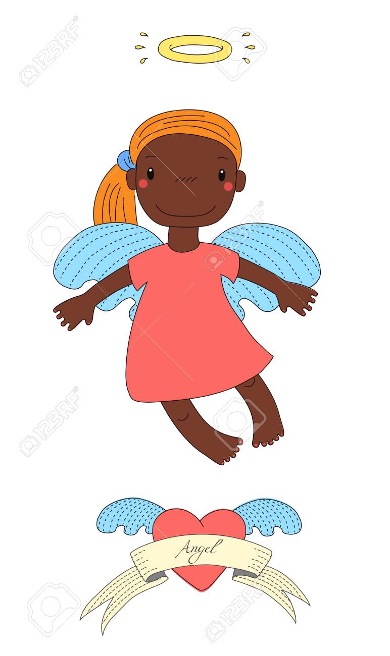 かわいい暗闇の手描きベクトル イラスト ポニーテールとハロー 空を飛んでいる天使の女の子の肌 心と本文の翼します 白い背景の上の孤立したオブジェクト 子供のためのデザイン コンセプト のイラスト素材 ベクタ Image 4365