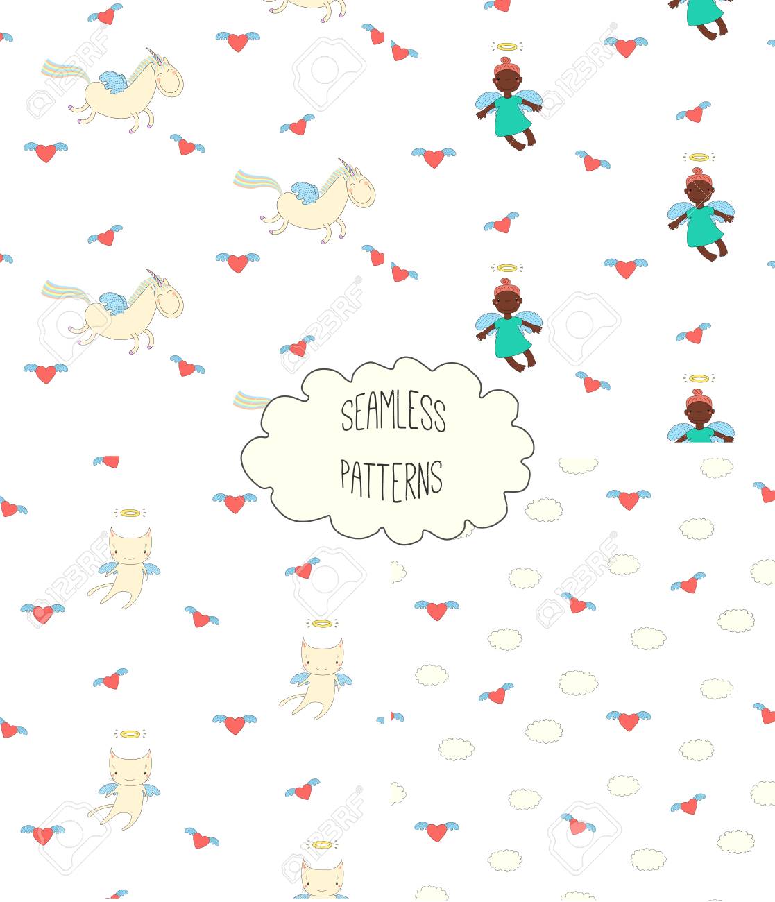 天使の女の子 翼のある猫 ユニコーン ハート 雲 白い背景の上に 4 つの手描きかわいいシームレス パターンのセットです 子供の繊維印刷 壁紙 包装紙のデザイン コンセプトのイラスト素材 ベクタ Image 88834371