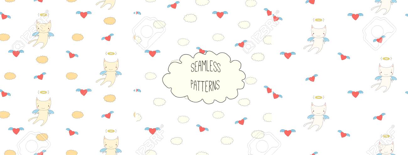 ほとんど手描きかわいいシームレス パターンのセットは 猫の心 雲 白い背景の上の飛行翼 子供の繊維印刷 壁紙 包装紙のデザイン コンセプト のイラスト素材 ベクタ Image 4426