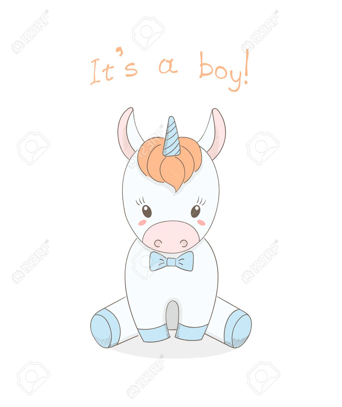Hand Drawn Vector Illustration Of A Cute Little Baby Unicorn Boy With Blue Bow Tie Hand Drawn Vector Illustration Of A Cute Little Baby Unicorn Boy With Blue Bow Tie