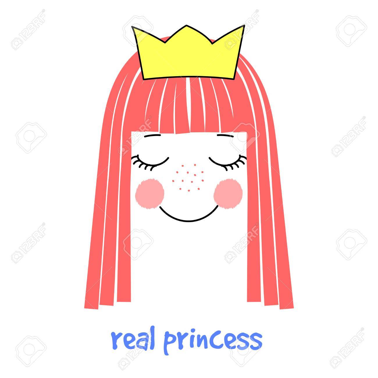 長い髪とクラウン テキスト本当の王女でキュートで面白い女の子顔の描かれたベクトル イラストを手します 塗りつぶされていないアウトライン 白い背景の上の孤立したオブジェクト 子供のためのデザイン コンセプト のイラスト素材 ベクタ Image 4526
