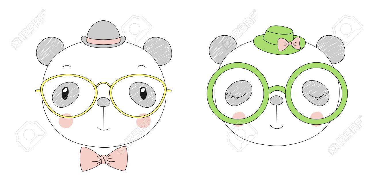手描き面白いパンダ女の子と男の子の帽子とメガネのベクトルの肖像画 白い背景の上の孤立したオブジェクト ベクトルの図 子供のためのデザイン コンセプト の イラスト素材 ベクタ Image 4658