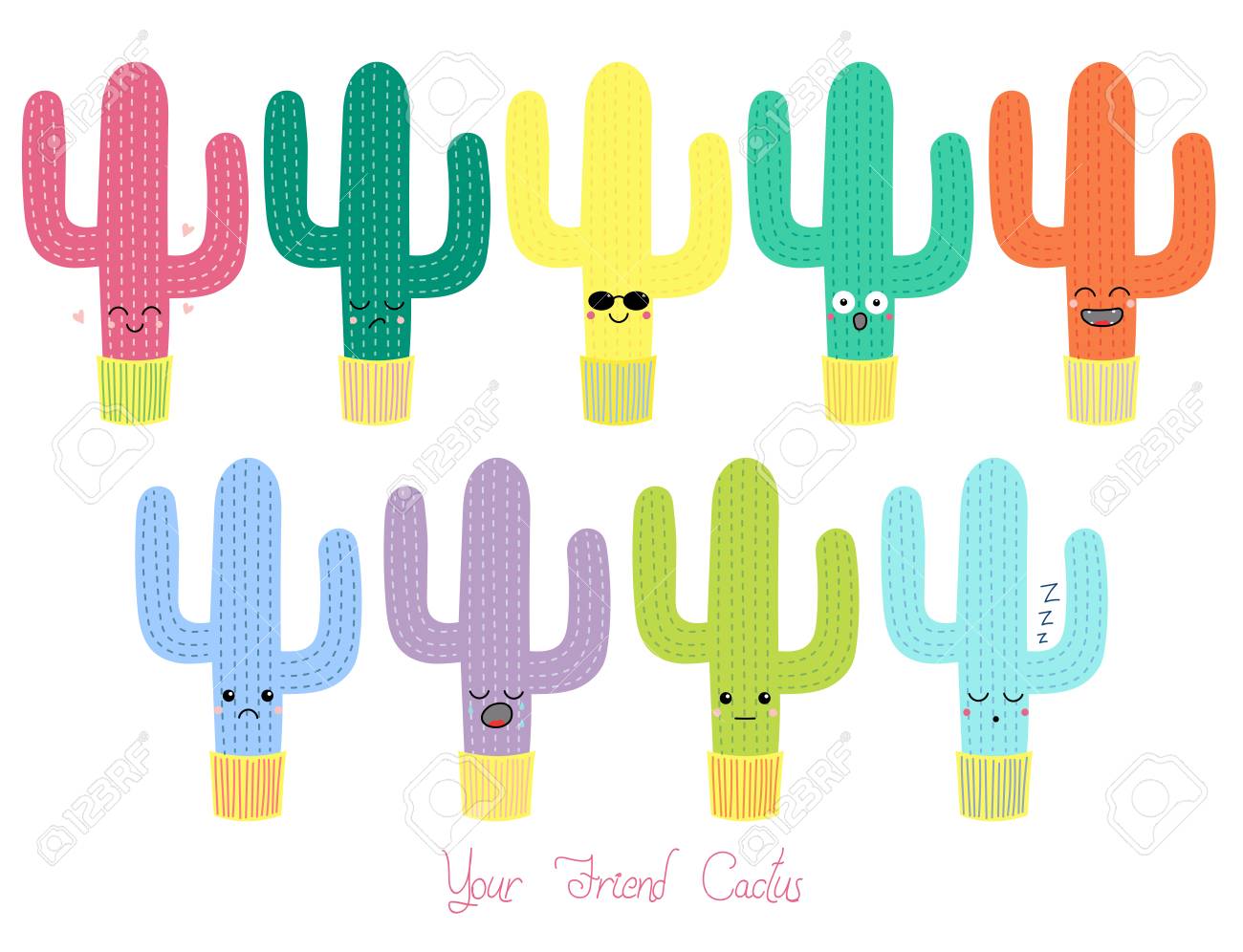 手のセットは 異なる表情や感情 テキストが付いている鍋でかわいい面白いサボテン友人サボテンを描かれています 白い背景の上の孤立したオブジェクト アイコン 絵文字 ステッカーのデザイン コンセプト のイラスト素材 ベクタ Image 4719