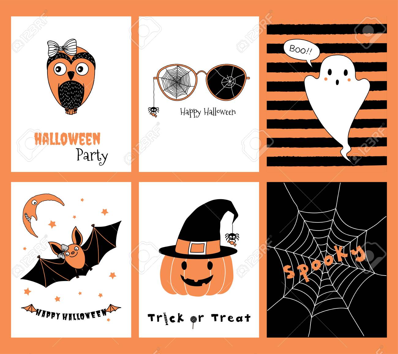 ハロウィンのグリーティング カード 招待状 ポスター オレンジ 黒と白 かわいい漫画のキャラクターと本文の手描きテンプレートのセット ベクトルの図 子供のためのデザイン コンセプト のイラスト素材 ベクタ Image 4811