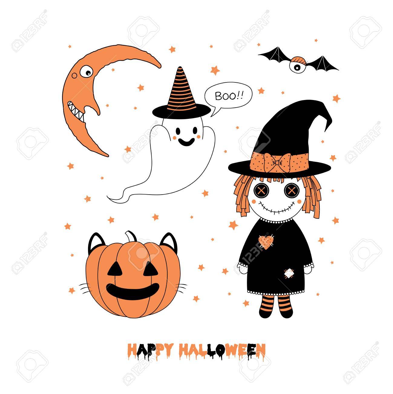 Bergeben Sie Gezogene Vektorillustration Eines Kurbises Mit Den Katzenohren Netten Lustigen Geist In Einem Hexenhut Lappenpuppe Sichelformiger Mond Text Gluckliches Halloween Lokalisierte Gegenstande Auf Weissem Hintergrund Design Konzept Fur